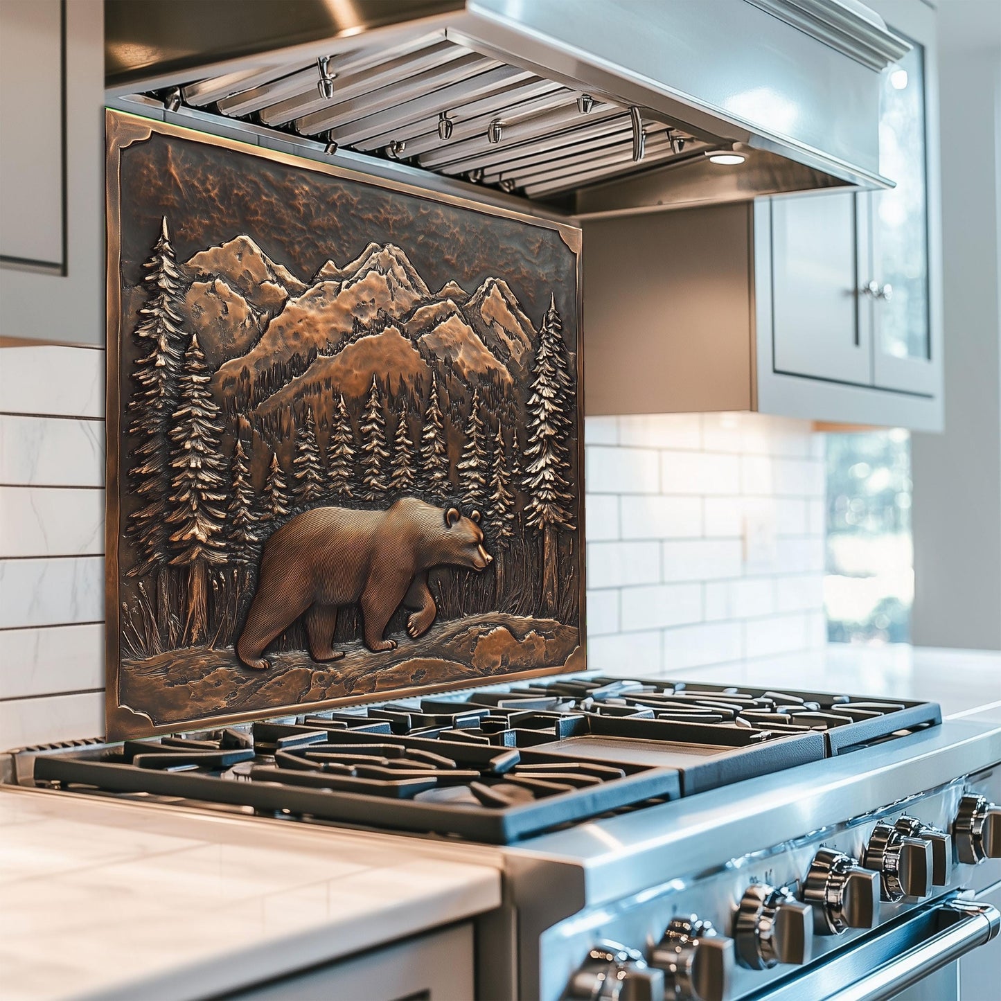 Mountain Bear Tempered Glass Stove Cover: Artistic Kitchen Backsplash