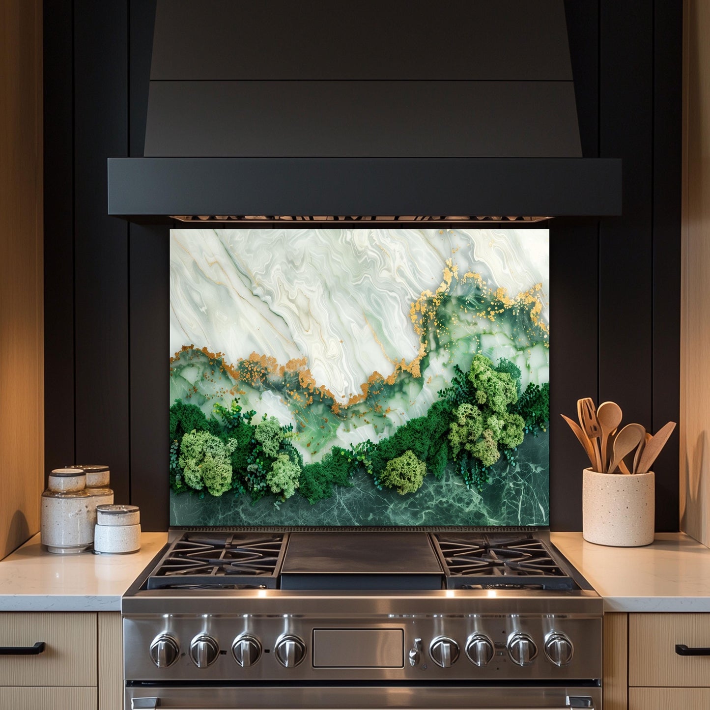 Green Marble Moss Glass Backsplash, Nature Texture Stove Guard, Heat Resistant Easy Clean Art