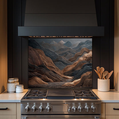 Tempered Glass Mountain Backsplash: Copper & Charcoal Abstract Art