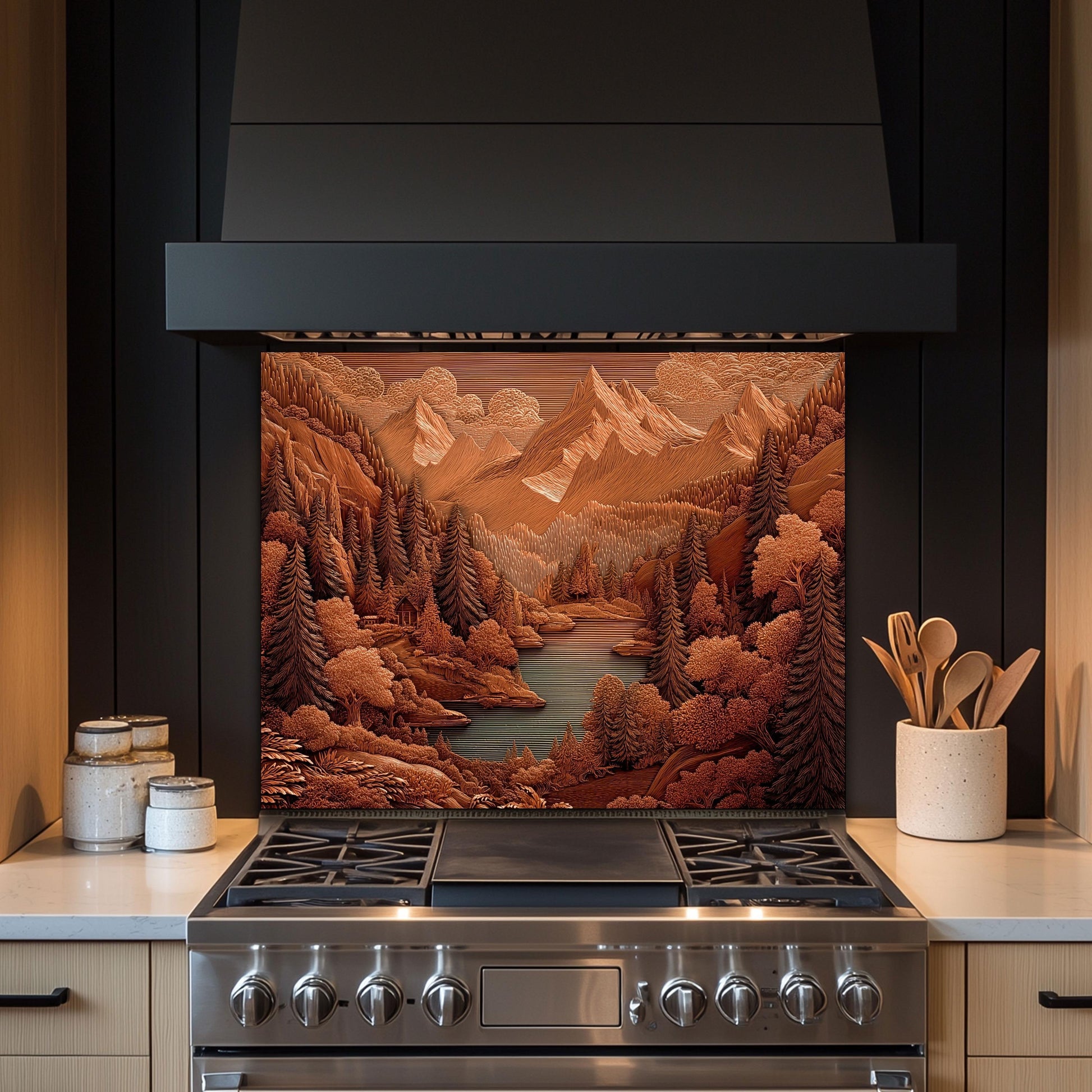 Rustic Sepia Mountain Glass Backsplash: Cabin Kitchen Stove Panel