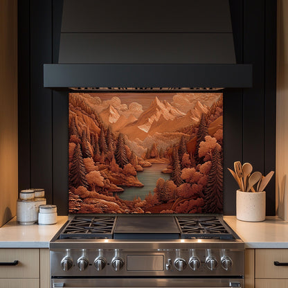 Rustic Sepia Mountain Glass Backsplash: Cabin Kitchen Stove Panel