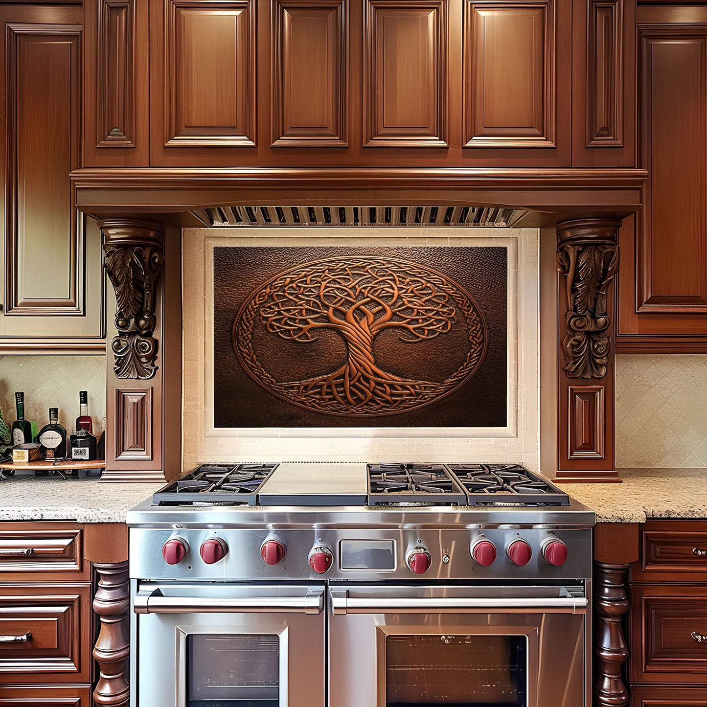 Celtic tree glass backsplash, rustic design, heat-resistant tempered glass, kitchen wall protector, artistic backsplash, easy to clean, modern kitchen decor, stove splashback, unique Celtic wall art