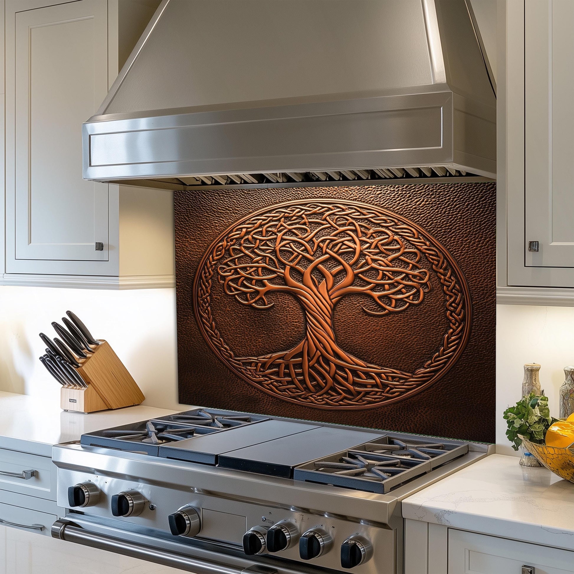 Tempered glass stove backsplash, tree of life design, heat-resistant kitchen wall panel, easy clean backsplash, stylish kitchen decor, stove protector, farmhouse kitchen wall art, artistic Celtic design