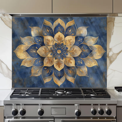 Moroccan Style Glass Backsplash, Blue Geometric Stove Guard, Heat Resistant Easy Clean Kitchen Art