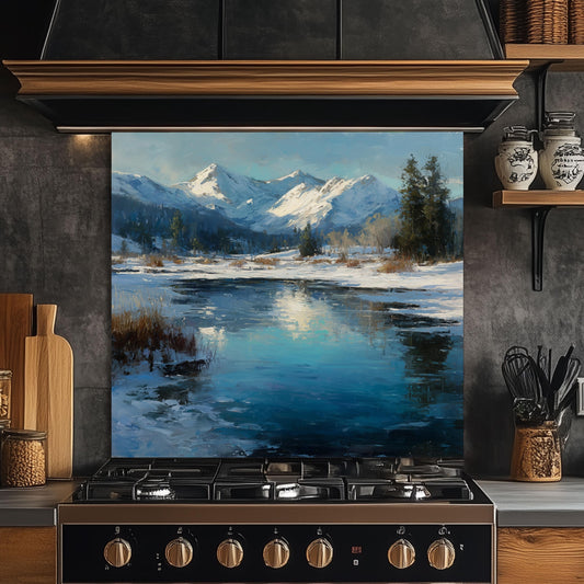 Winter Mountain Landscape Glass Backsplash: Tempered Glass Stove Panel