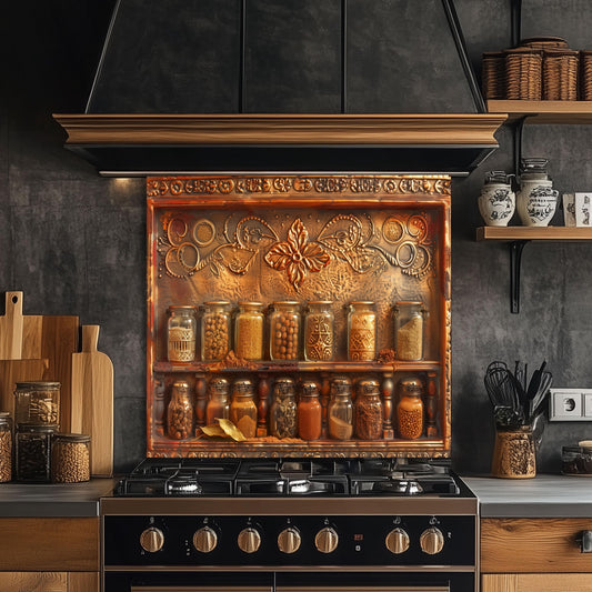 Tempered glass kitchen backsplash, copper spice shelf design, heat-resistant splashback, easy to clean, stove wall protector, artistic kitchen decor, modern backsplash, rustic kitchen decor, unique wall art