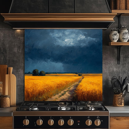 Golden Wheat Field Tempered Glass Backsplash: Farmhouse Kitchen Wall Art