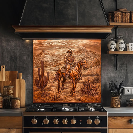 Cowboy kitchen backsplash, Western-themed kitchen decor, heat-resistant tempered glass, copper-effect cowboy design, easy clean wall protector, rustic kitchen backsplash, country kitchen wall art