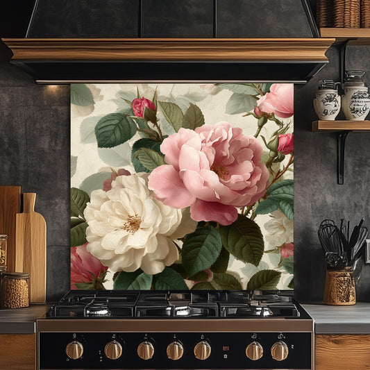 Vintage Floral Rose Kitchen Backsplash - Pink and White Peony Tempered Glass Stove Splashback