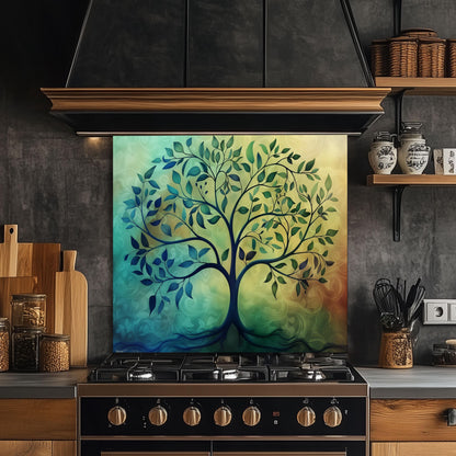 Tree of Life Kitchen Backsplash, UV Printed Tempered Glass Wall Art, Custom Size Design