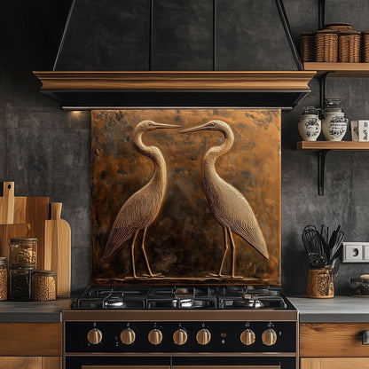 Tempered glass backsplash, copper heron design, heat-resistant kitchen wall protector, nature-inspired kitchen art, easy clean backsplash, rustic kitchen decor, stove wall protector