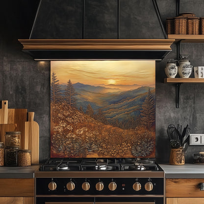 Mountain sunrise kitchen backsplash, copper effect wall protector, heat-resistant tempered glass, nature landscape kitchen art, easy clean backsplash panel, rustic mountain design, stove wall protector