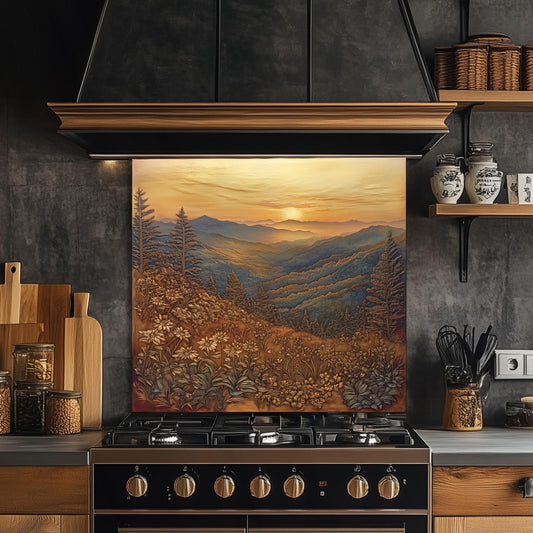 Mountain sunrise kitchen backsplash, copper effect wall protector, heat-resistant tempered glass, nature landscape kitchen art, easy clean backsplash panel, rustic mountain design, stove wall protector