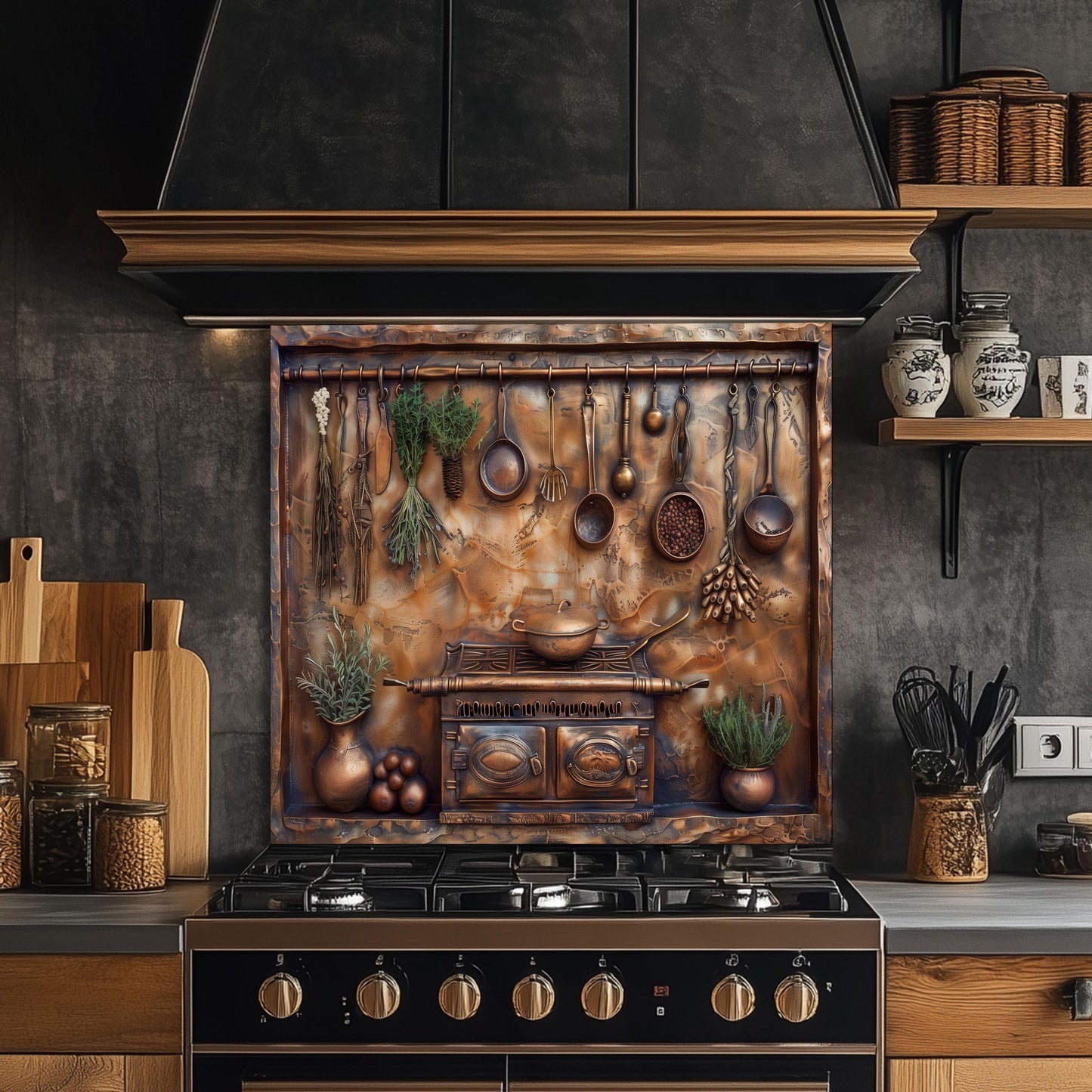 Tempered glass kitchen backsplash, rustic kitchen utensils and herbs design, copper effect, heat-resistant backsplash, vintage kitchen decor, kitchen wall protector, stove protector, easy clean backsplash