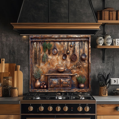Tempered glass kitchen backsplash, rustic kitchen utensils and herbs design, copper effect, heat-resistant backsplash, vintage kitchen decor, kitchen wall protector, stove protector, easy clean backsplash