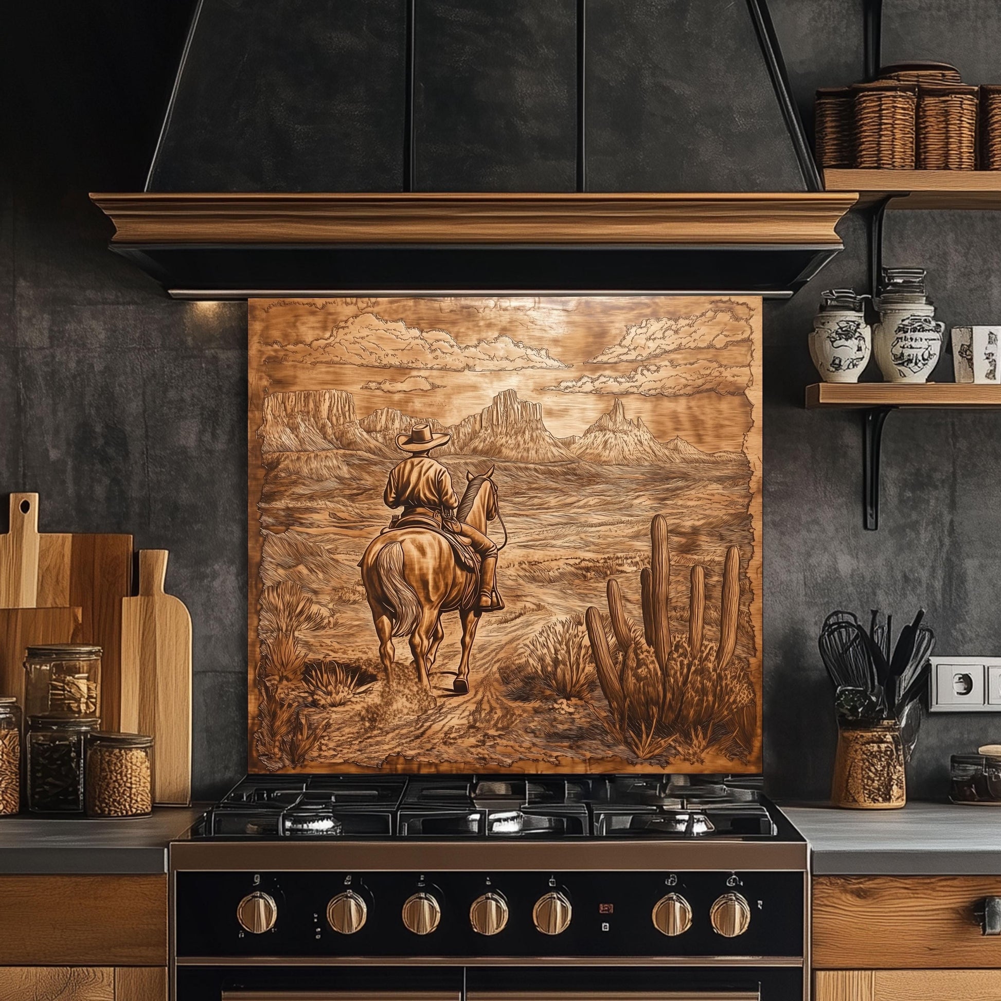Western kitchen backsplash, cowboy riding design, heat-resistant tempered glass, rustic copper kitchen decor, easy clean wall protector, country kitchen backsplash, Western kitchen art