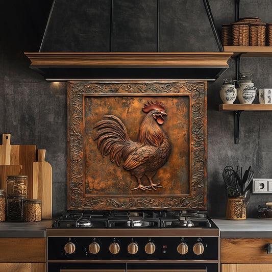Rustic rooster kitchen backsplash in tempered glass, designed for farmhouse kitchens. This heat-resistant wall protector adds vintage charm and durability, making it the perfect addition to rustic decor