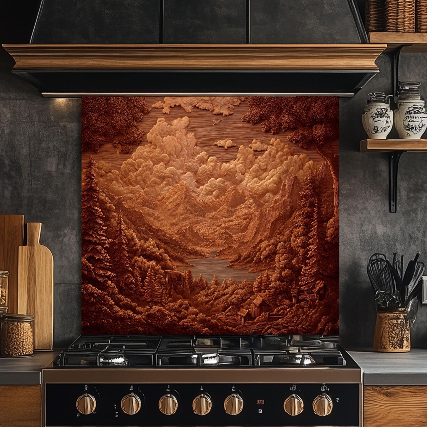 Sepia Mountain Landscape Tempered Glass Backsplash - Rustic Cabin Decor