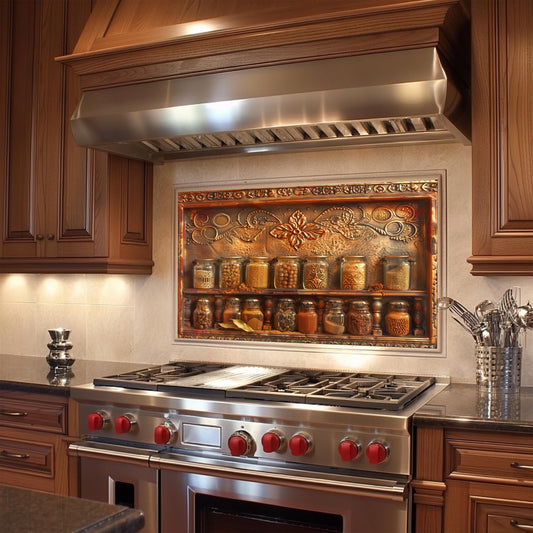 Spice-themed backsplash, tempered glass panel, copper kitchen wall art, heat-resistant splashback, easy to clean wall protector, modern kitchen accent, artistic backsplash, stove protector, rustic design
