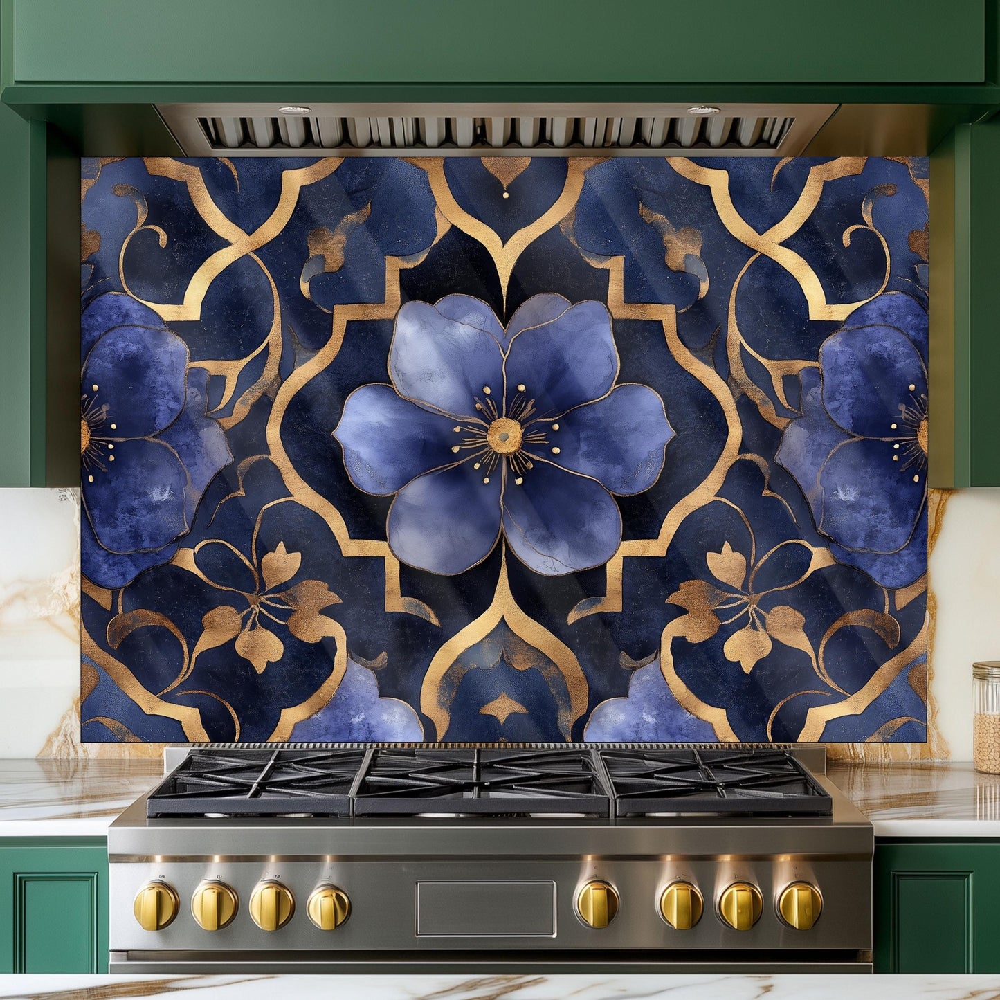 Moroccan Style Glass Backsplash, Blue Floral Stove Guard, Heat Resistant Easy Clean Kitchen Art