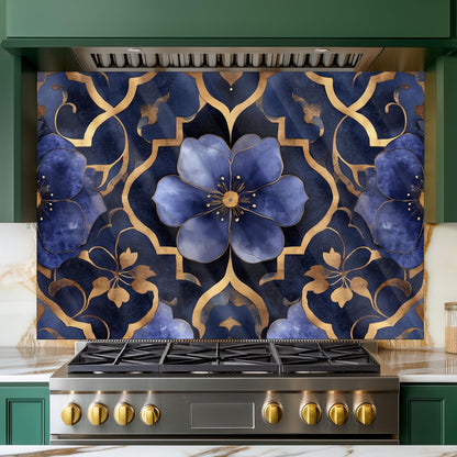 Moroccan Style Glass Backsplash, Blue Floral Stove Guard, Heat Resistant Easy Clean Kitchen Art