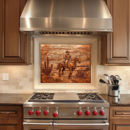 Cowboy-themed kitchen backsplash, heat-resistant tempered glass, copper-effect rustic decor, easy clean wall protector, country kitchen design, stove wall protector