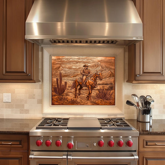 Cowboy-themed kitchen backsplash, heat-resistant tempered glass, copper-effect rustic decor, easy clean wall protector, country kitchen design, stove wall protector