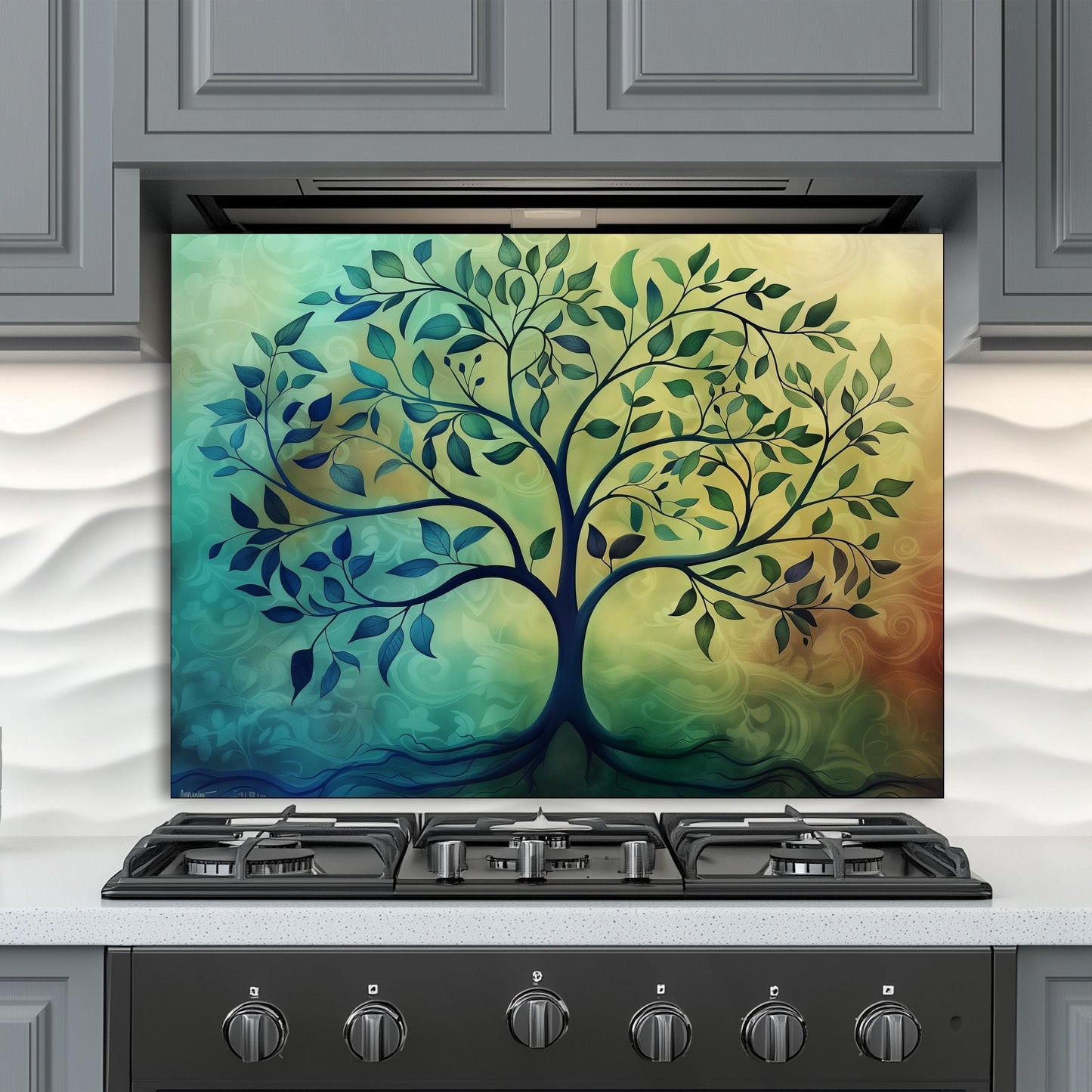 Tree of Life Kitchen Backsplash, UV Printed Tempered Glass Wall Art, Custom Size Design
