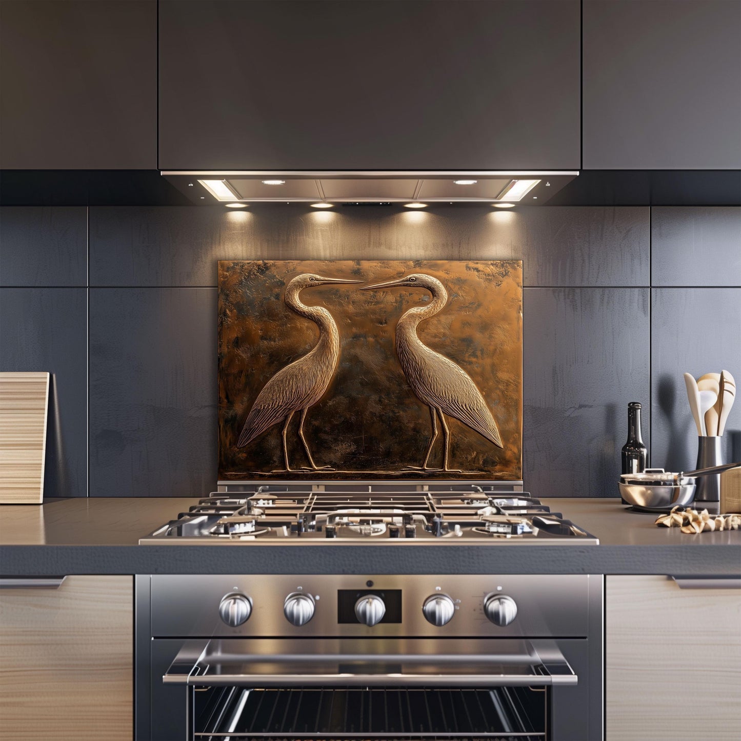 Copper heron kitchen backsplash, heat-resistant tempered glass, nature-inspired kitchen protector, rustic decor, easy clean wall protector, stove protector, kitchen art