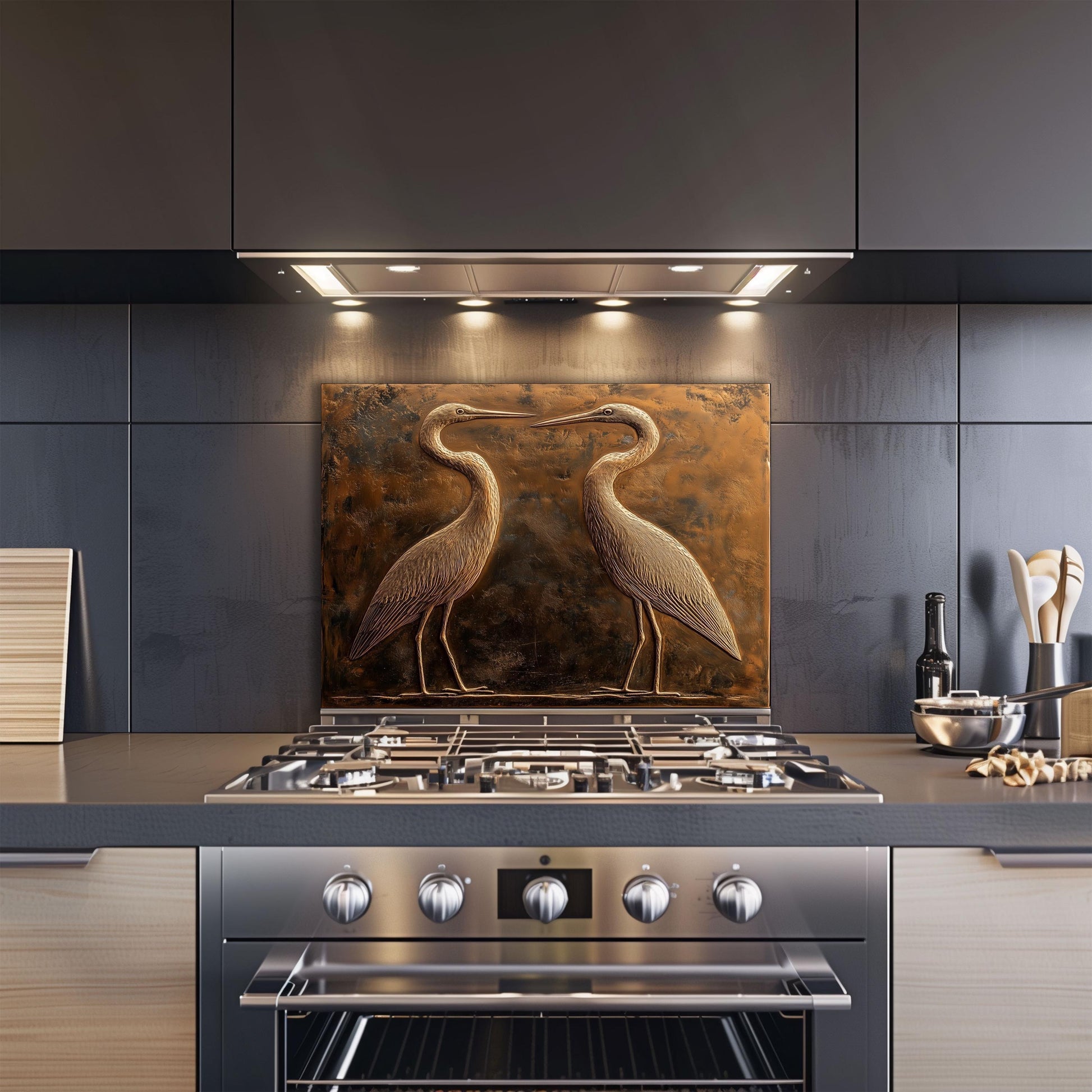 Copper heron kitchen backsplash, heat-resistant tempered glass, nature-inspired kitchen protector, rustic decor, easy clean wall protector, stove protector, kitchen art