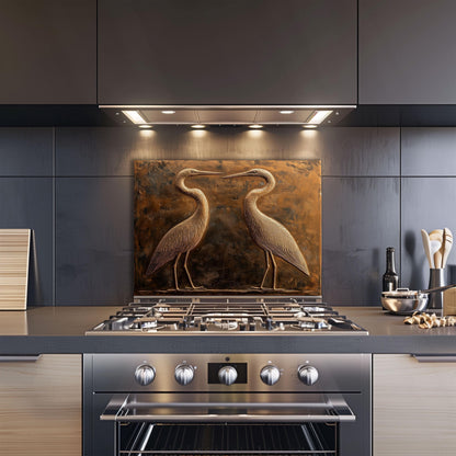 Copper heron kitchen backsplash, heat-resistant tempered glass, nature-inspired kitchen protector, rustic decor, easy clean wall protector, stove protector, kitchen art