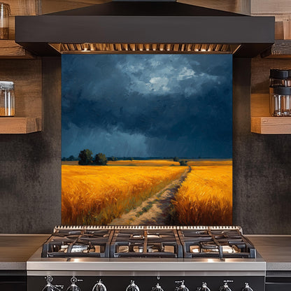 Golden Wheat Field Tempered Glass Backsplash: Farmhouse Kitchen Wall Art