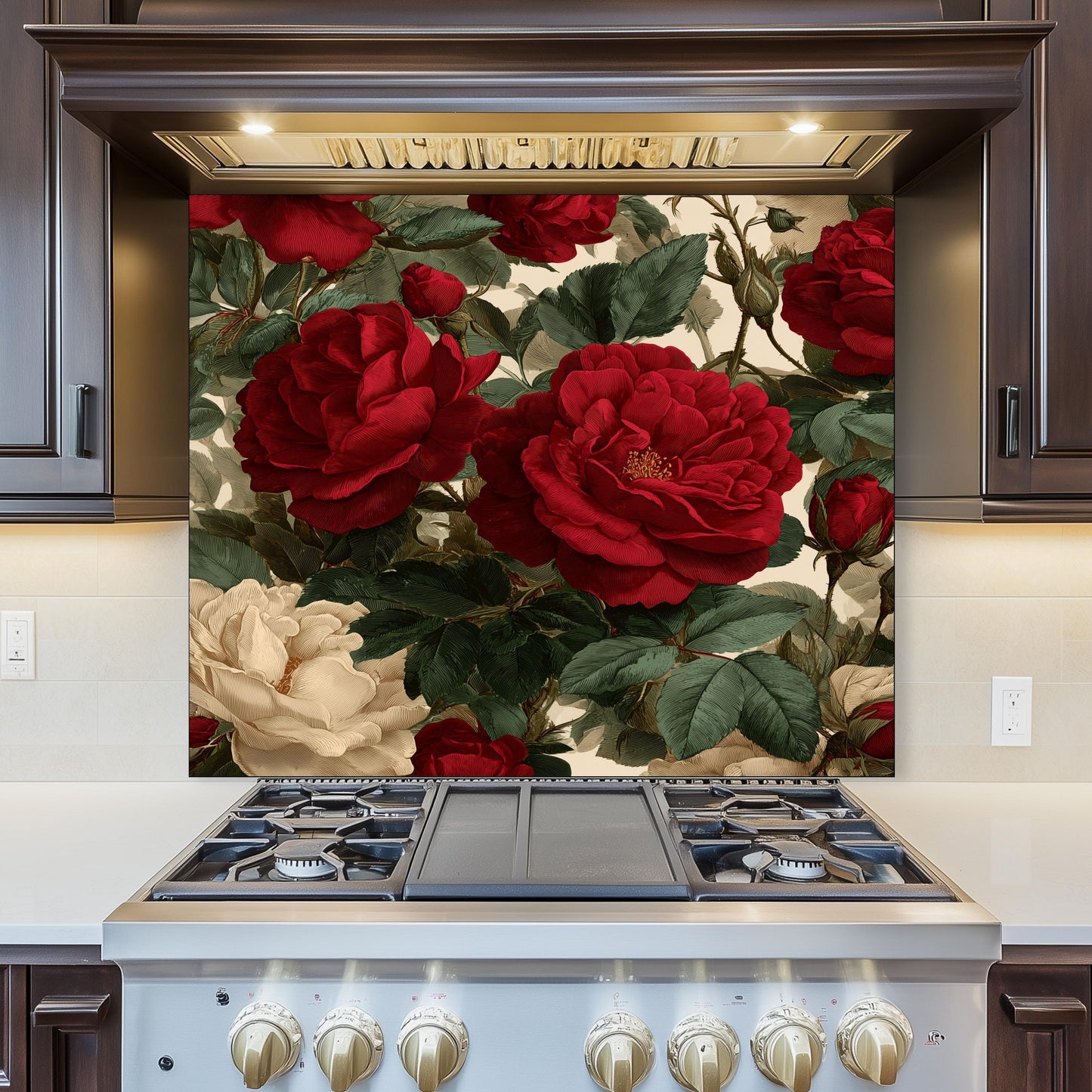 Bold Red Rose Tempered Glass Backsplash - Vintage Botanical Floral Kitchen Splashback