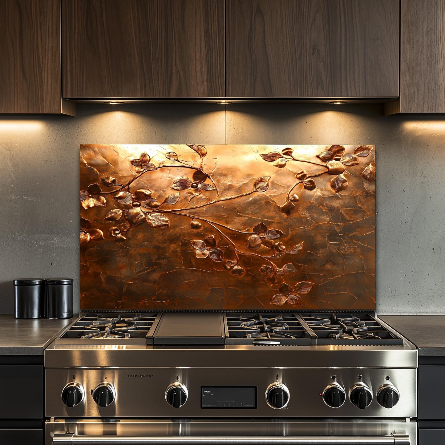 Embossed Flower Tempered Glass Kitchen Backsplash: Copper Heron Design