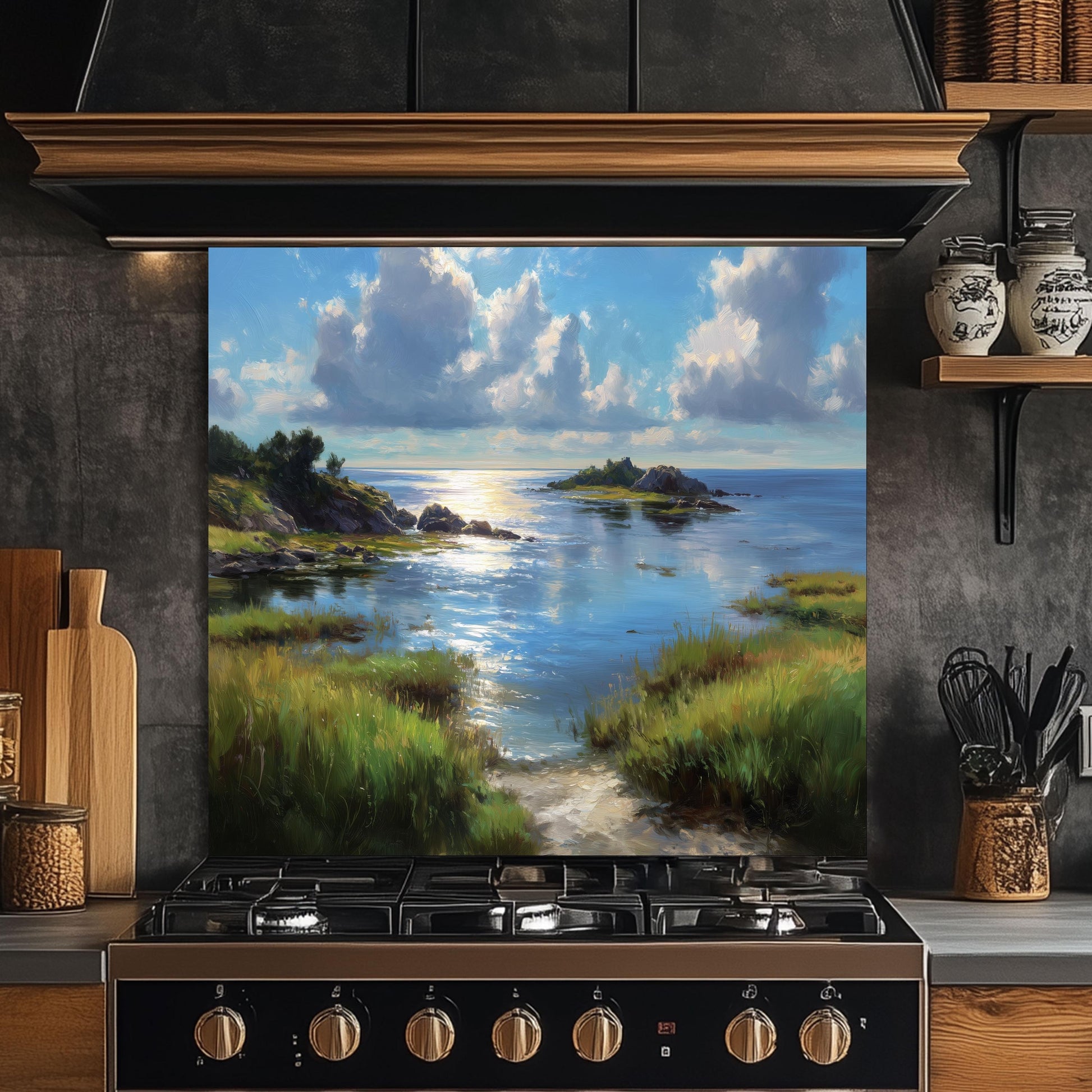 Tempered Glass Kitchen Backsplash: Mountain Sunrise Copper Effect