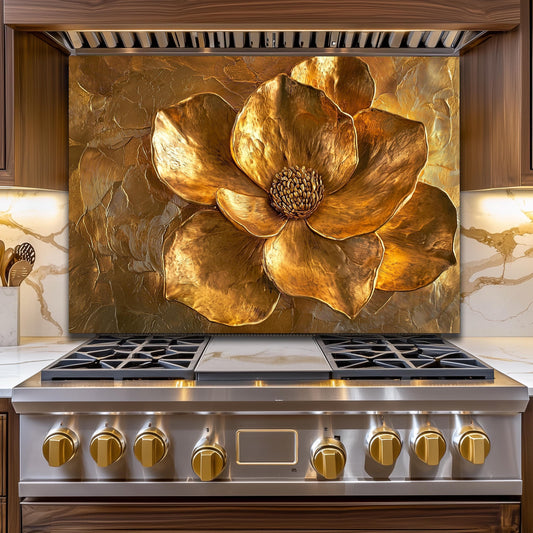 Golden Flower Tempered Glass Stove Backsplash: Rustic Kitchen Decor