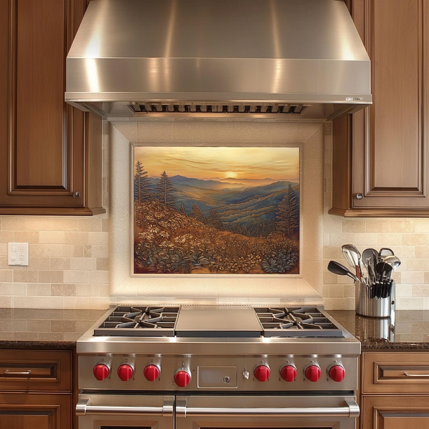 Heat-resistant kitchen wall protector, mountain landscape backsplash, copper effect tempered glass, rustic kitchen decor, easy clean stove backsplash, nature-inspired kitchen art