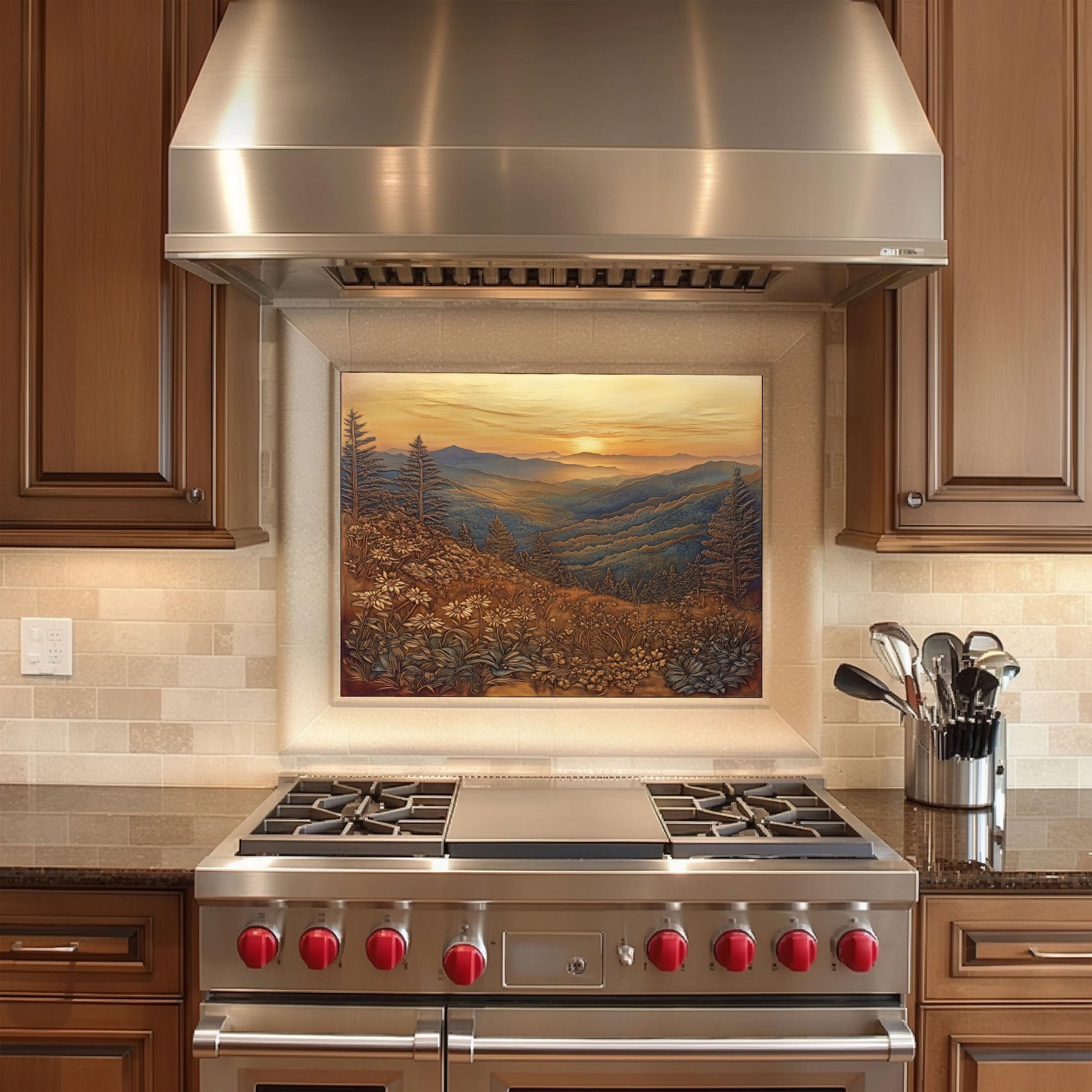 Heat-resistant kitchen wall protector, mountain landscape backsplash, copper effect tempered glass, rustic kitchen decor, easy clean stove backsplash, nature-inspired kitchen art