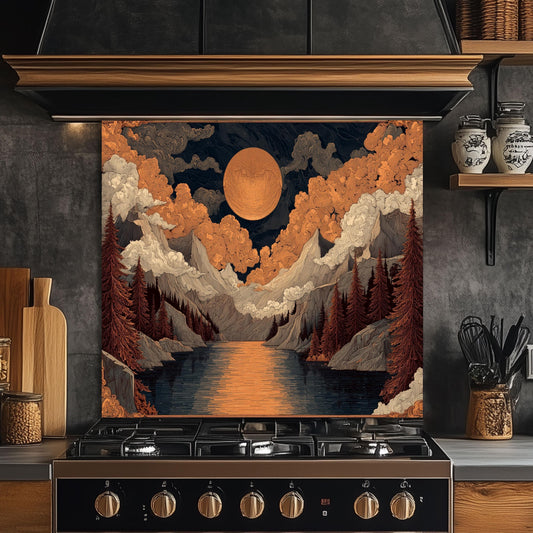 William Morris Style Glass Backsplash: Mountain Sunrise Kitchen Wall Art