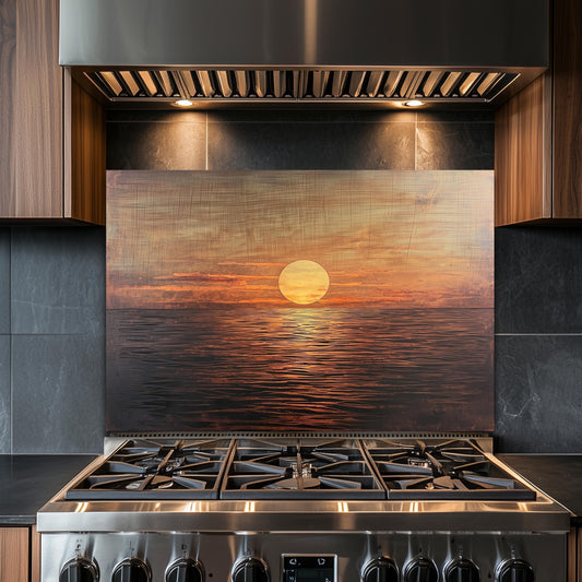 Sunset Ocean Glass Backsplash, Coastal Sea Landscape Stove Guard, Heat Resistant Easy Clean Art