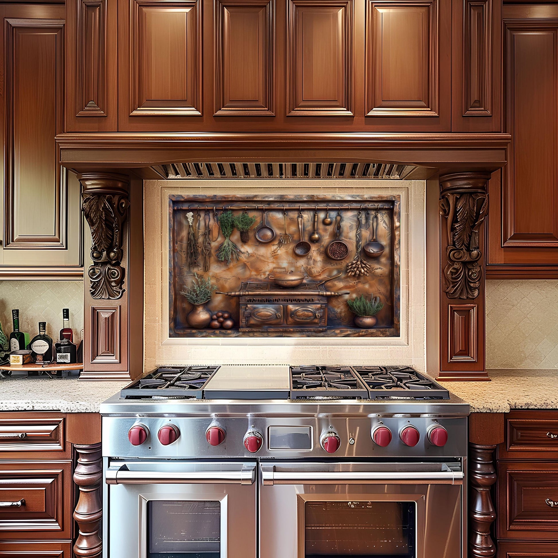 Rustic kitchen backsplash, copper kitchen utensils design, heat-resistant tempered glass, vintage kitchen decor, easy clean wall protector, stove backsplash, copper kitchen art
