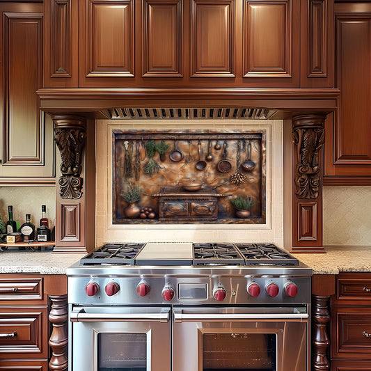 Rustic kitchen backsplash, copper kitchen utensils design, heat-resistant tempered glass, vintage kitchen decor, easy clean wall protector, stove backsplash, copper kitchen art