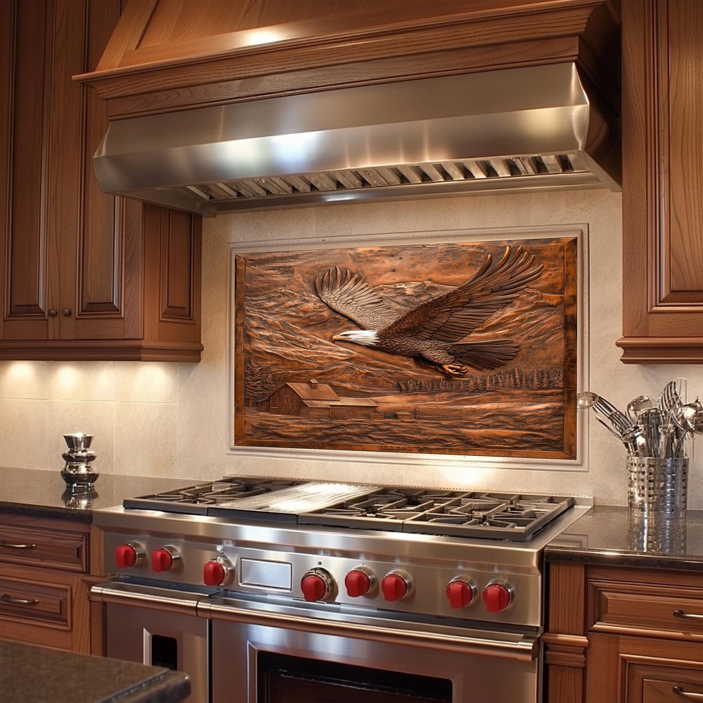 Eagle copper kitchen backsplash, heat-resistant tempered glass, rustic kitchen wall protector, farmhouse kitchen art, copper-effect backsplash, mountain landscape kitchen decor