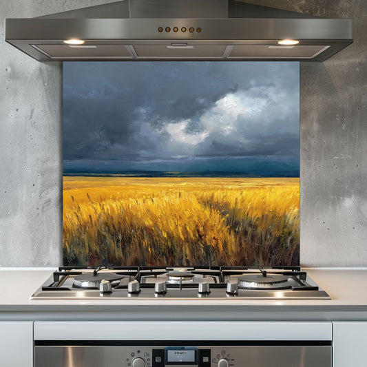 Wheat Field Glass Backsplash, Rustic Farmhouse Stove Guard, Heat Resistant Easy Clean Kitchen Art