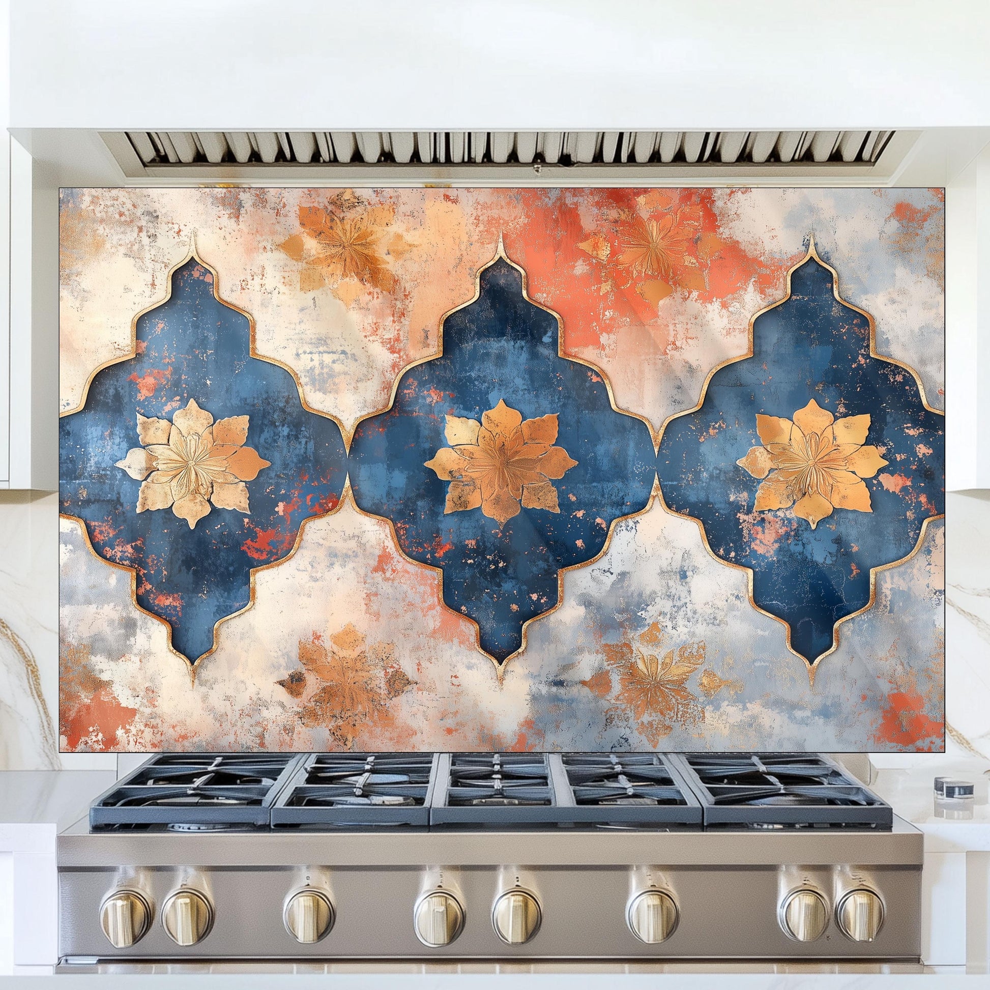Moroccan Style Glass Backsplash, Blue Geometric Stove Guard, Heat Resistant Easy Clean Kitchen Art