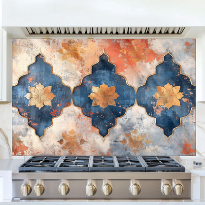 Moroccan Style Glass Backsplash, Blue Geometric Stove Guard, Heat Resistant Easy Clean Kitchen Art