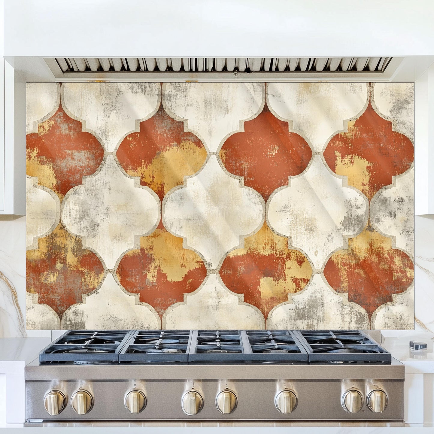 Moroccan Style Glass Backsplash, Blue Geometric Stove Guard, Heat Resistant Easy Clean Kitchen Art