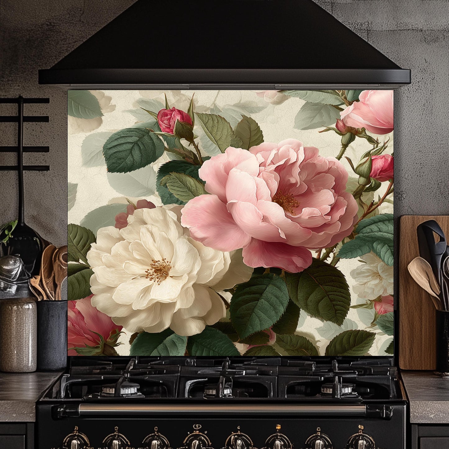 Vintage Floral Rose Kitchen Backsplash - Pink and White Peony Tempered Glass Stove Splashback