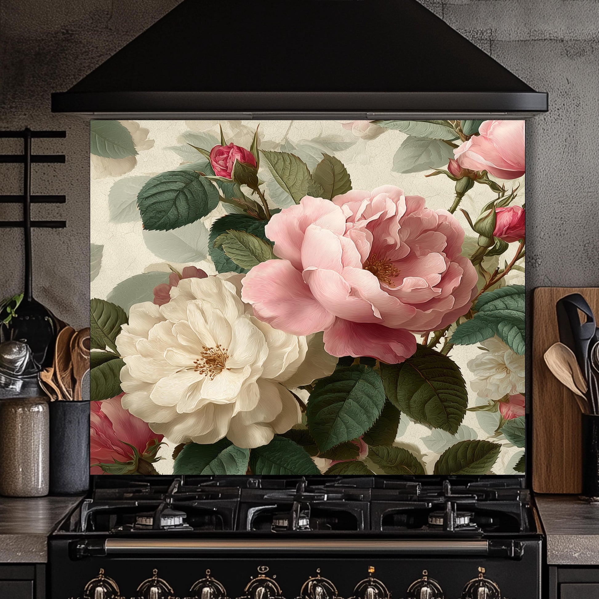 Vintage Floral Rose Kitchen Backsplash - Pink and White Peony Tempered Glass Stove Splashback