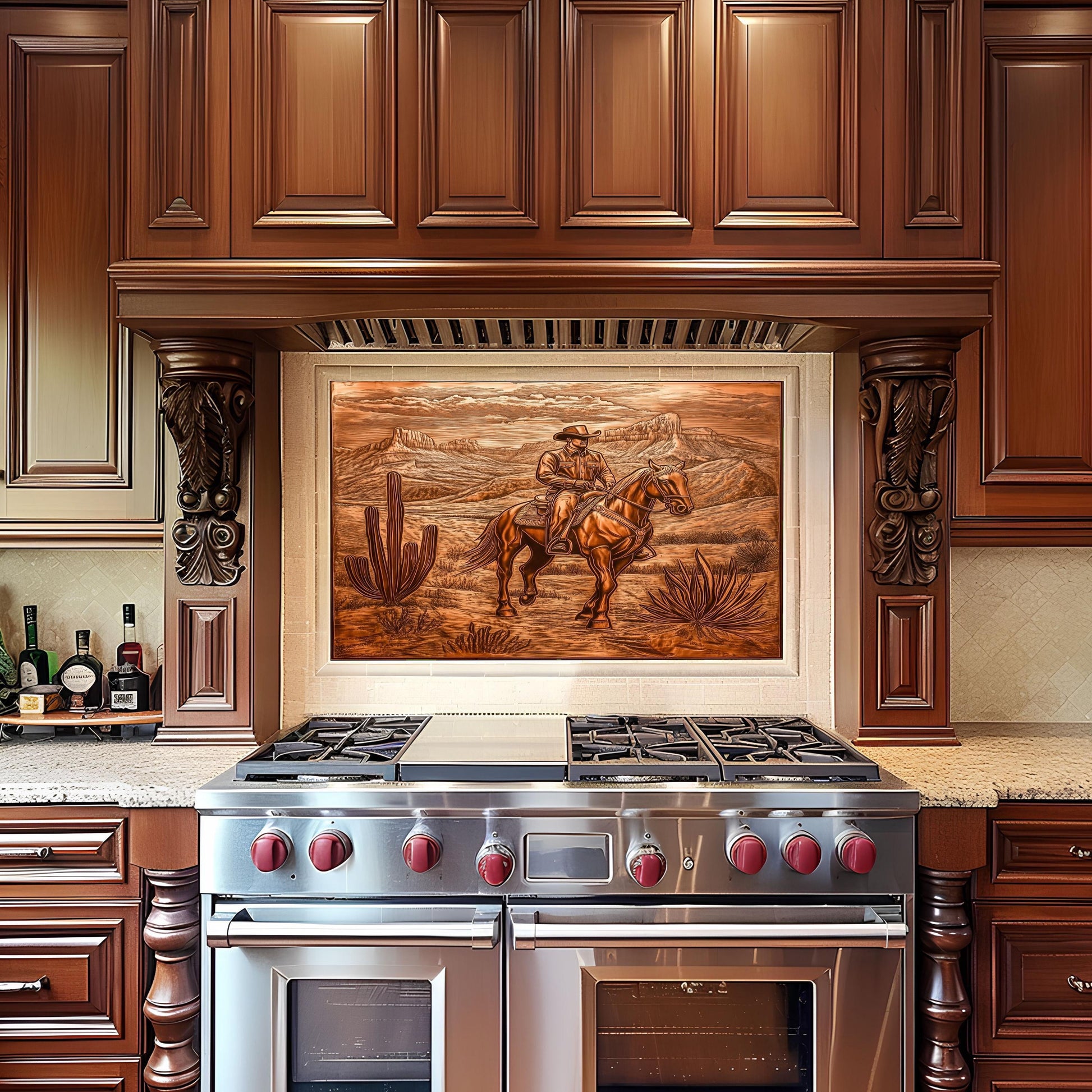 Western kitchen art, copper-effect cowboy design, heat-resistant tempered glass, rustic wall protector, country kitchen decor, easy clean backsplash, stove protector